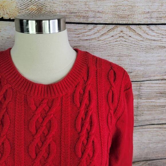Lands End Cable Knit Fisherman Red Sweater Size Large Petite - Picture 3 of 6
